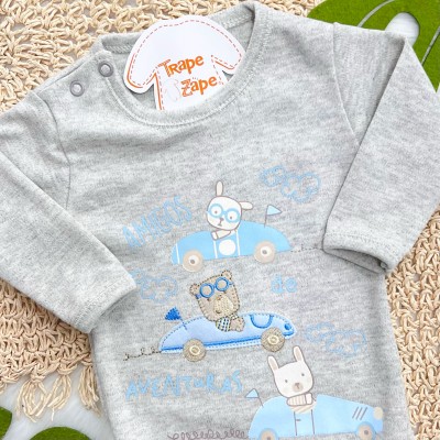 Kit 3 Peças - Bodys Manga Longa Amigos de Aventuras - Azul Jeans, Mescla e Azul Bebê